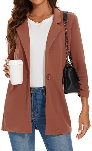 Unifizz Womens Stretch Blazer Womans Button Front Casual Knit Blazer Jacket Plus Size Lightweight Blazers #Brown,Size M#