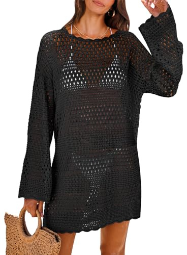 ANRABESS Women Swimsuit Crochet Swim Cover Up 2026 Summer Bathing Suit Swimwear Mesh Knit Beach Dress Vacation Outfits Black Large