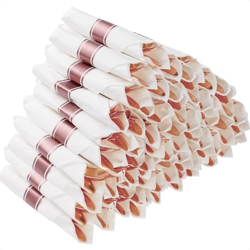 Goodluck 50 Pack Pre Rolled Rose Gold Plastic Silverware, Wrapped Plastic Cutlery Set with Napkin Include 50 Forks, 50 Knives, 50 Spoons and 50 Napkins, Fancy Disposable Silverware for Party, Wedding