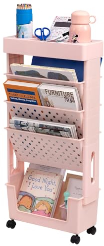 DOEWORKS Libreria Piccolo Scaffale per Libri, Carrello Portaoggetti Libreria con Ruote 5 Livelli Carrello Cucina, Carrello con Ruote per Soggiorno Biblioteca Camera da Letto Ufficio, Rosa