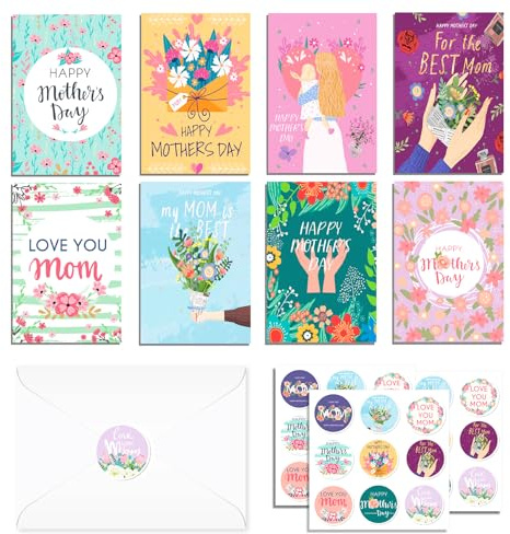 Muttertag Karte mit Umschlag Grußkarten 24 Set Mama Karte zum Geburtstag , Faltende Postkarten mit Umschlägen und Aufklebern 8-Stile,zum Muttertag, Geburtstag Geschenk für die Beste Mutter Grußkarten
