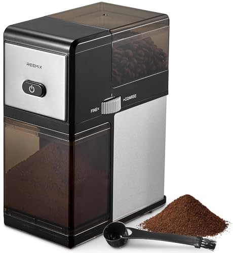 Reemix - Molinillo de café eléctrico con rebabas planas automáticas para prensa francesa, café por goteo y espresso, molinillo de rebabas ajustable, negro y plateado