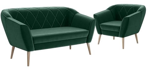 MEBLINI Mini Sofa Set 2-1 für Wohnzimmer - Mini Lounge für DREI Personen - Küchensofa - Sofa Klein - Sitzgarnitur - Polstergarnitur - Sofagarnituren - Gisela - 2+1 - Grün Samt