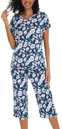 ENJOYNIGHT Pigiama corto da donna, a maniche corte, con pantaloni lunghi a 3/4, biancheria da notte in due pezzi, S-3XL, Fiore blu scuro, XL