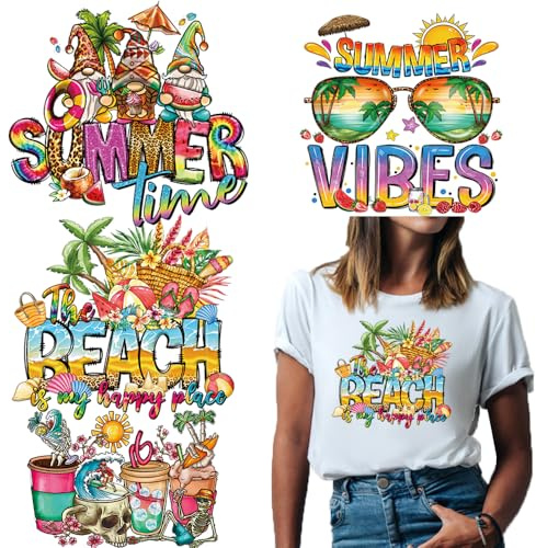 Summer Iron on Transfers for T-Shirts Hawaii Beach Iron on Patches Summer Vibes Theme Gift Vinyl Heat Transfer Stickers Cute Dwarf Palm Tree Fruits Iron on Decals for Clothes Pillow Hoodie DIY Crafts