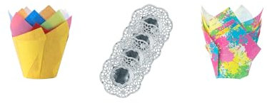 Demmler Tulip - Set di muffin colorati, 48 pirottini a tulipani in diversi colori, 24 pezzi, colori assortiti e 24 pezzi, multicolore, dimensioni: Ø 5 x 5 – 9 cm, con 4 centrini argentati – Made in