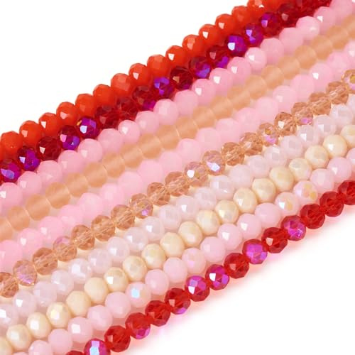 PandaHall 10 Strands Faceted Rondelle Glass Beads Red Pink Crystal Glass Loose Spacer Beads Bulk for Friendship Bracelet Necklace Earring Jewelry Making