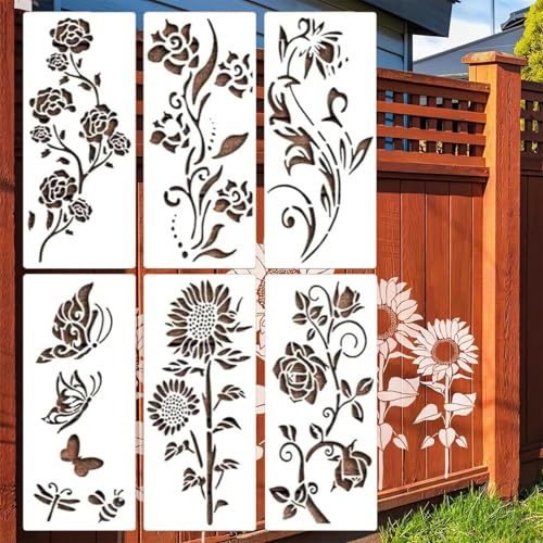 6 Stück DIY-Gartenzaun-Dekoration Blumen-Zeichenschablonen zum Malen, wiederverwendbar für Holz und Wanddekoration (B)