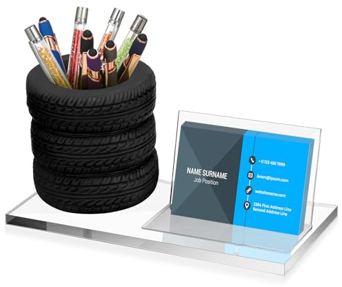 Sherr Tire Shaped Pen Holder Business Card Tire Shape Arylic Stationery Set Automotive Business Card and Car Salesman Pen Holder Office Desk Organizer for Men Cool Mechanics Gifts Car Lover(Clear)