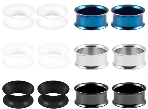 JENCVNL 6 Paar Ohr Tunnel Plug, Edelstahl Flesh Ohr Tunnel Plug Piercing Extra Weich Silikon Ohrtunnel Double Flared Plugs Expander Ohrpiercing Schmuck 3-25mm für Männer Frauen (Mehrere Farben, 8mm)