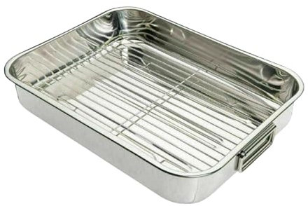 Roasting Pan with Rack Stainless Steel Baking Trays Heavy-Duty Roasting Tin Tray for Oven | Dishwasher Safe & Warp-Resistant, Medium, 37 x 28 cm, Silver