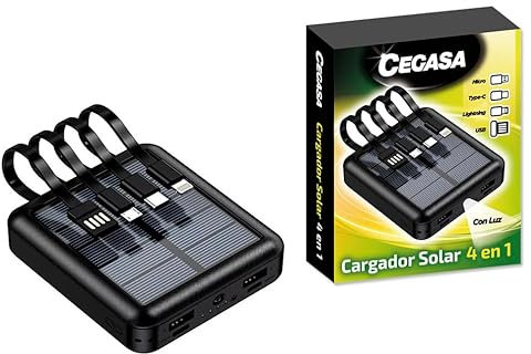 Novedad Cargador Solar Powerbank con Linterna CEGASA 5000MAH 4 EN 1 Cable Tipo C, Lighting, USB, Micro USB/Apto para iPhone, Samsung, Huawei,OPPO, Ordenador, Cargador, luz LED.