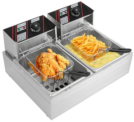 Elektrische Fritteuse, 12L Gastro Friteuse Edelstahl Elektro Fritöse Doppel Fritoese mit Körben Deckeln 5000W für Restaurants, Cafés und mobile Caterer
