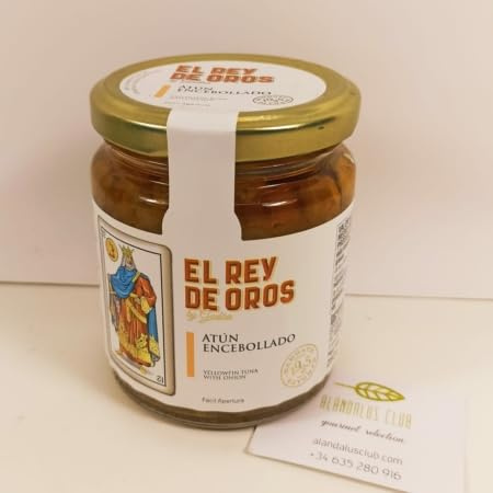 Atún encebollado - tarro con capacidad de 250 gramos - El Rey de Oros - Producto de la Alamdraba - Utilizan técnicas japonesas para el ronqueo - Conserva las cualidades del producto.