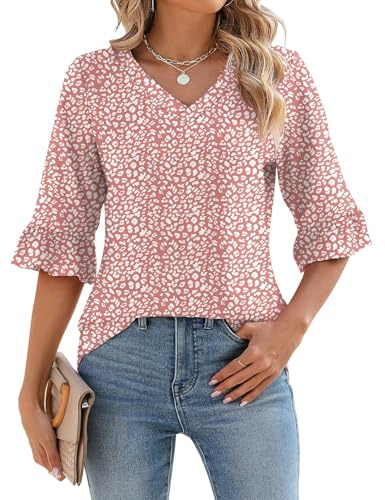 IECCP Top da donna con maniche a 3/4, maglietta estiva a tunica da donna con scollo a V, elegante, casual, con maniche a volant, Rosa Pois Bianchi, 52-54