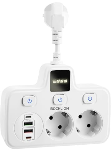 BOCHLION Steckdosenleiste mit USB, 2 Fach Mehrfachsteckdose mit 4 USB (PD 20W & QC 3.0), Steckdosenadapter mit Unabhängige Schaltdosen und LED Licht, Mehrfachstecker 3250W 13A für Zuhause Büro - Weiß