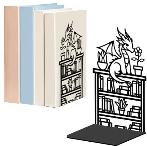 WADORN Bücherregal Drache Für Regale Dekorativ 1 Paar, Lesedrachenmuster rutschfeste Robuste Buchstützen Buchhalter Aus Metall Schwarzer L Förmiger Buchstopper Für Bibliothek Zuhause Büro