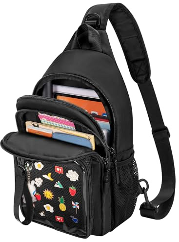 Prokva Sac Bandoulière avec Porte Épingles, Noir | Sac de Poitrine Ita pour Pins de Collection, Comic Con et Voyages, avec Multiples Poches de Rangement