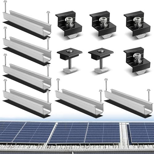Kit de abrazadera de panel solar: soporte de panel solar PV con rieles de perfil de aluminio de 12 cm y abrazadera de 30 – 35 mm de grosor ajustable para techo plano, chapa trapezoidal, techo de tejas
