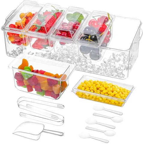 AojSup Chilled Condiment Server Tray, Clear Condiment Tray with Lid and 5 Removable Compartments, Fruit Caddy Serving Containers for Party, Toppings Bar Container, Garnish