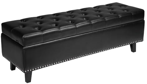 VEVOR Button-Tufted Storage Ottoman Bench, PU Leather Bench with Storage and Solid Wood Legs, Modern Shoe Benches Seat for Entryway, Upholstered End of Bed Benches for Living Room, Dining Room, Black