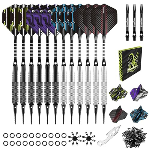 MageRabbit dartpilar med plastspets för elektronisk dartpil, 18 gram professionella mjuka darts12 stycken med 16 flights + 30 reservspetsar och komplett set darttillbehör, för nybörjare och avancerade