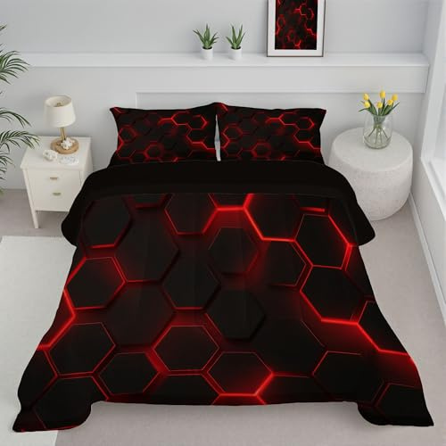 JEDTAKCT Piumino Letto Singolo 4 Stagioni 140X200, Rosso Nero Reversibile Piumone Leggero, Nido D'Ape Esagonale 3D Geometria Astratta Coperta Trapunta In Microfibra, Lavabile In Lavatrice