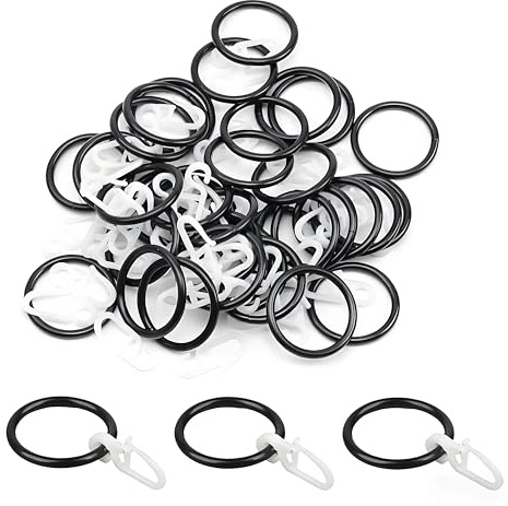 HECHKJ 50 Stück Metall Gardinenringe und 50 Stück Kunststoff Gardinenhaken, Vorhangringe mit Haken Duschvorhangringe 32 mm Innendurchmesser (Schwarz)