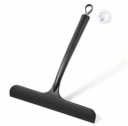 Oderra Limpia Cristales de Ducha y Pared, Raclette de Silicone/TPR, Accesorio de Baño Profesional para Mamparas, Espejos, Azulejos, Limpieza Sin Rayas - 24 cm Negro con Ganchos