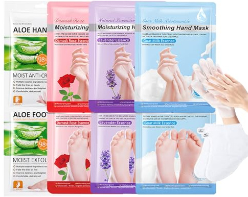 4 par fuktgivande fotmasksstrumpor och 4 par handmask för mycket torra händer, fotmask förhårdnadsborttagning strumpor – peeling handmask för kvinnor och män