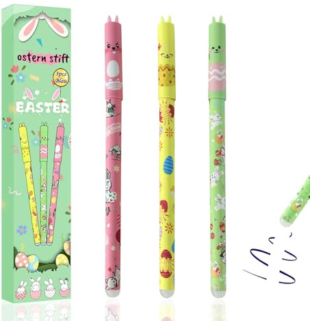 Set di 3 penne cancellabili Pasquali Novità 2026, Penna cancellabile a forma di Coniglietto Pasquale e Uovo di Pasqua, Penne Kawaii, Punta da 0,5 mm, Ricarica Blu, Per Studenti, Scuole e Uffici (A)