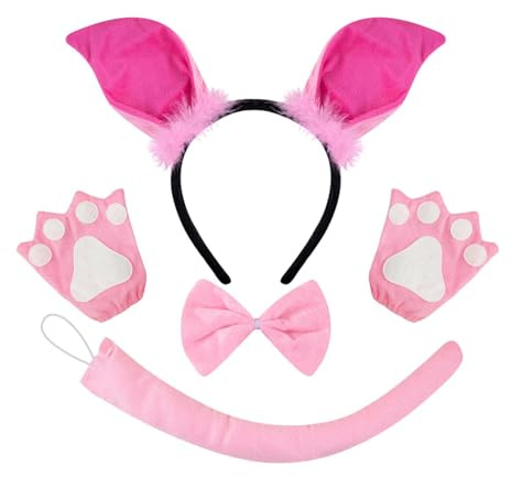 Guohetuk 3 Stück Schweineohren Haarreif Tierkostüm Haarreif Kopfbügel Cosplay Accessoire Hauptdeko Weich Angenehm für Mottoparty Schule Kindergeburtstag, Das Rosa Set Enthält Handschuhe