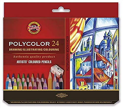 Koh-I-Noor 3834 POLYCOLOR - Künstlerfarbstifte mit Anspitzer und 2 Graphitstiften im Pappetui - Farben sortiert, 24er-Farbset