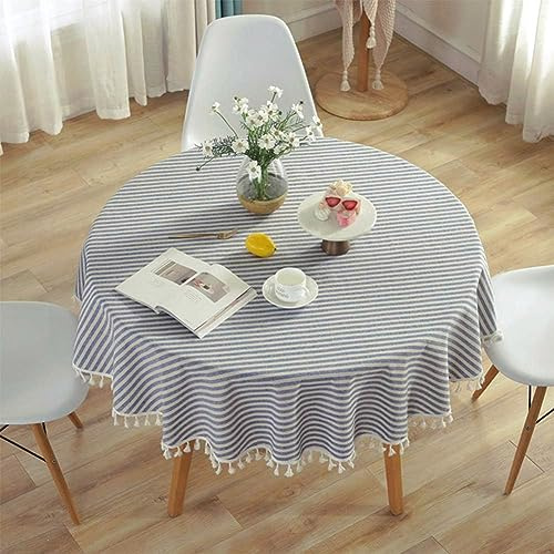meioro Striped Tassel Table Cloth Round Kitchen Tablecloth, Blue, R120cm | Cotton Blend Table Cover, Blue and White Gingham Tablecloth, Washable Outdoor Table Protector for Boho Farmhouse Dining Room