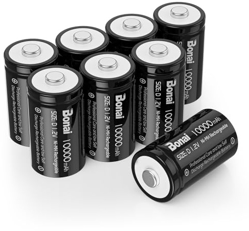 BONAI Rechargeable D Batteries, 10,000mAh High Capacity 1.2V Ni-MH Battery Cell, Long-Lasting Power for Baby Swings, Flashlights & Toys, Pre-Charged & Low Self-Discharge (Size D, 8 Pack)