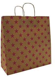 Papiertaschen Papiertüten braun mit Kordel - Sterne PINK - Verschiedene Größen und Mengen (100 Stück, 35 + 14 x 35 cm)