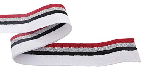 Strickbündchen, Collegebündchen in Weiß mit Streifen in Rot/Schwarz/Silber, 115 x 3 cm - im Retro Look, Weiß