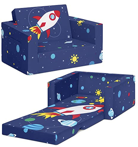 Delta Children Cozee Kids Couch 2-Seater Kids Sofa, Convertible 2-in-1 Flip Open Toddler Couch Sleeper, Foam Chair for Playroom & Bedroom, Bed Lounger, Comfy Play Sleeping Lounge Chair, Space Theme