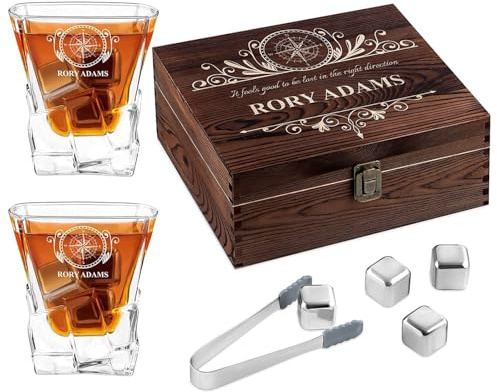 Maverton Whisky Stones & 2 Engraved Glasses Gift Set | 250ml Whisky Glasses in Personalised Wooden Box, Birthday Gift for Men, Gift idea for him Compass