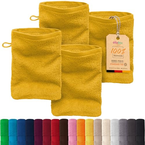EllaTex Paris 4er Set Waschhandschuhe 15x21 cm – 100% Baumwolle, 500 g/m² Frottier, flauschig, Farbe: Sonnengelb