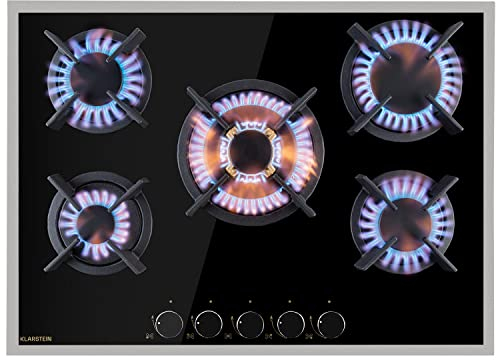 Klarstein Gasherd, Gaskochfeld 5 Flammen, Einbau-Gaskocher für Zuhause & Wohnmobil, Campingkocher mit Glasplatte, Gasherd für Propan- und Erdgas, Edelstahl Gas-Herdplatte Wok Brenner 10400 Watt