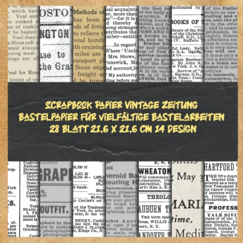 Scrapbook Papier Vintage Zeitung Bastelpapier für vielfältige Bastelarbeiten 28 Blatt 21.6 x 21.6 cm 14 design