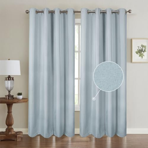 Duck Egg Blue Blackout Curtains for Bedroom Thermal 66×54IN Light Blue Linen Faux Textured Lined Eyelet Short Nursery Boys Girls Children Living Room Darkening Insulated 2 Panels Window Curtain