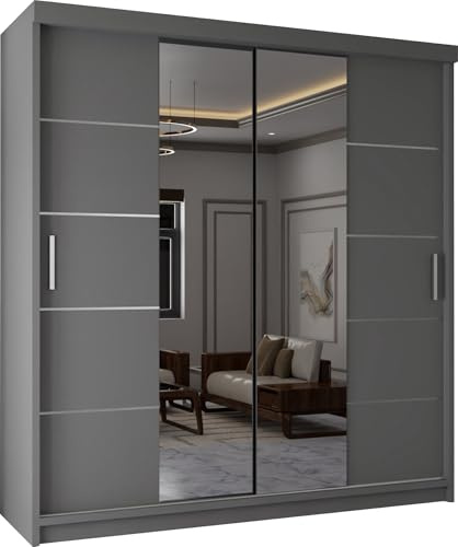 MN Furniture Modern Double Sliding Door Wardrobe 2 Mirrored Hanging Rails & Shelves Storage Cabinet for Bedroom (180cm, Lisbon Grey)