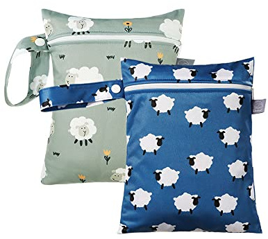 Treer 2 Stück Windeltasche Wetbag für Unterwegs, Baby Nassbeutel für Stoffwindeln, Wiederverwendbar Wasserdichte mit Reißverschluss Kindergarten Windel Organiser Taschen (18x25cm,Kleines Schaf)