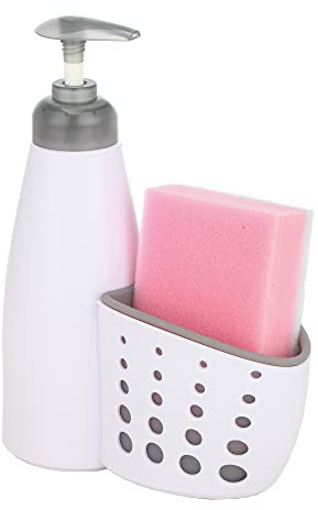 Casa & Casa Marini Soap Dispenser & Sponge Holder, Dishwashing Dispenser Pump Bottle with Holder for Kitchen & Bathroom, Kitchen Sink Organiser Caddy (White/Grey)