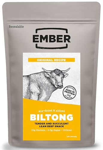 Ember Biltong de Bœuf Original 250 g - Viande Séchée Beef Jerky Riche en Protéines - En-cas Faible en Gras, Sans Sucres Ajoutés, Keto, Sans Colorants ni Arômes Artificiels - 1 Sac Refermable de 250 g