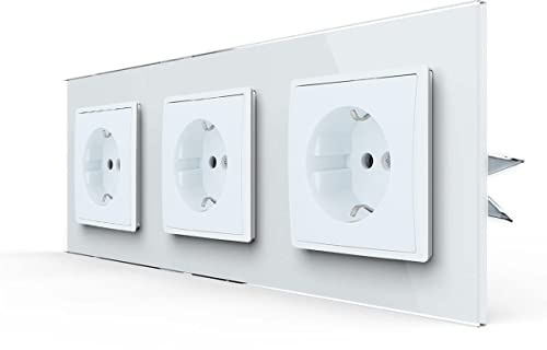 LINA Lichtschalter Steckdosen mit Glasrahmen Komplettset für Unterputzdose UP Schuko Wandschalter Wechselschalter Dimmer (LINA 3 Fach Steckdose weiß mit Glasrahmen H1-D51GM-3Fach)