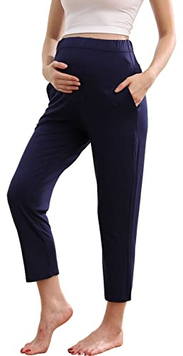ZUMIY Pantalones de Maternidad, Pantalón de Embarazo para Mujer, Pantalón Básico de Maternidad con Panel Abdominal en la Barriga y Bolsillos, Súper Elástico y Cómodo, azul marino, XL