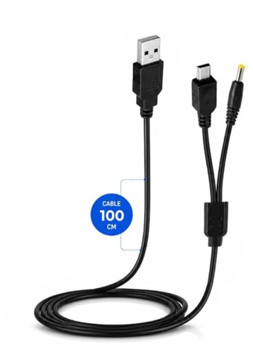 OcioDual Câble de données et Chargeur PSP, Cable Console Compatible Chargeur PSP 3000, 2000, 1000, 2 en 1 USB, DC 5V, Cable Alimentation PSP, Mini USB, Noir, 1 Mètre